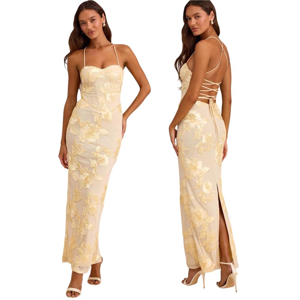 Lulus Nantessa Light Yellow Floral Applique Lace-Up Maxi Dress size XS NWT